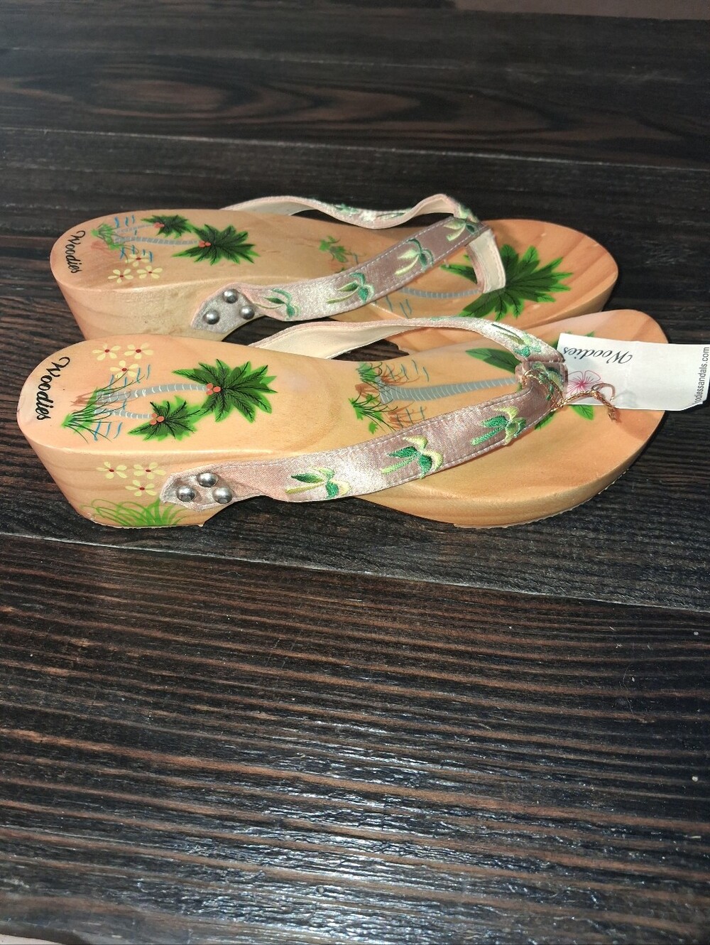 Woodies Tropical Palm Print Wedge Flip Flop Mules - Beige/Green